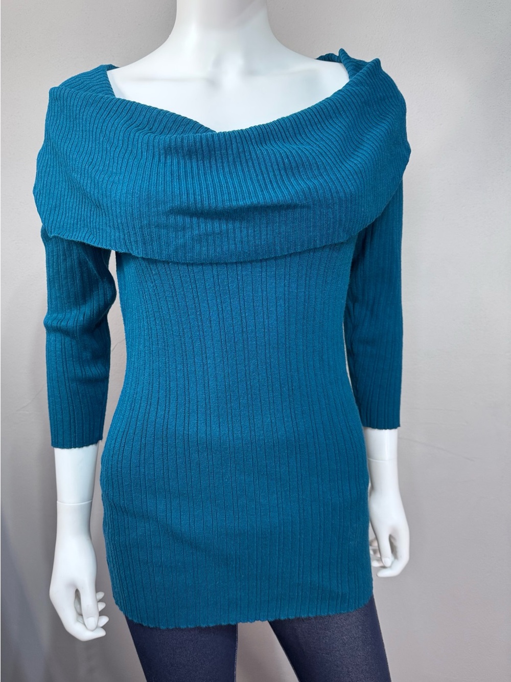 Teal Ribbed Off-Shoulder/Cowl Neck Sweater, Tall.  Never Worn